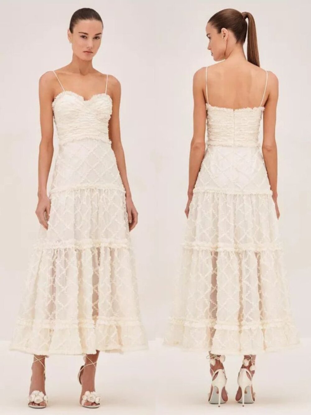 Alexis Rasa Dress Natural Ivory Midi Tiered Fringe Size L‎